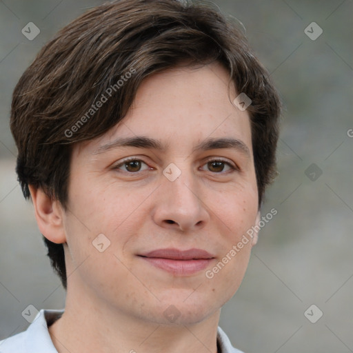 Joyful white adult female with short  brown hair and brown eyes