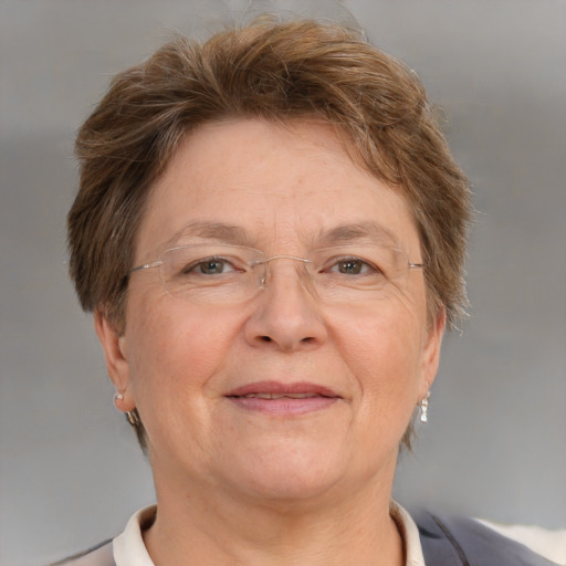 Joyful white middle-aged female with short  brown hair and brown eyes