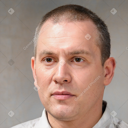 Neutral white adult male with short  brown hair and brown eyes