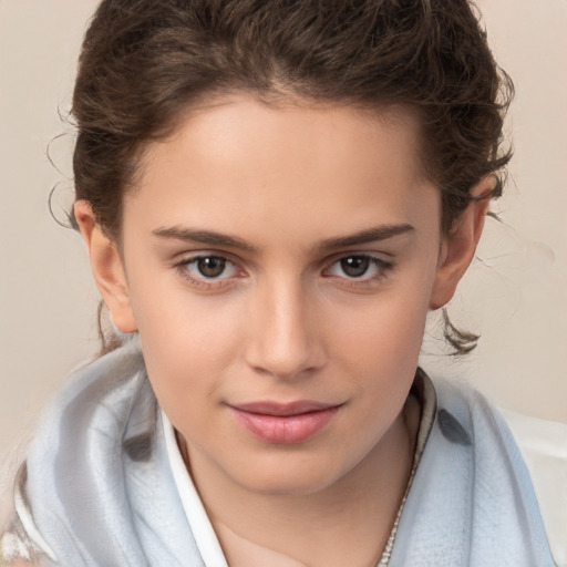 Joyful white child female with medium  brown hair and brown eyes