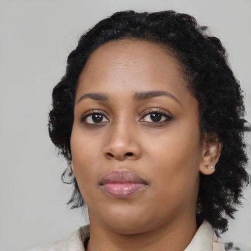 Neutral black young-adult female with medium  black hair and brown eyes