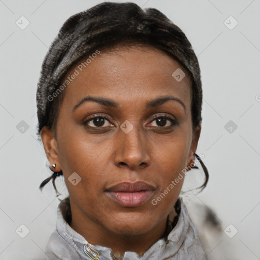 Joyful black adult female with short  brown hair and brown eyes