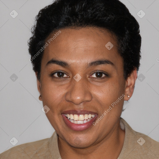 Joyful black young-adult female with short  black hair and brown eyes