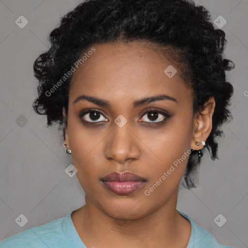 Neutral black young-adult female with short  black hair and brown eyes