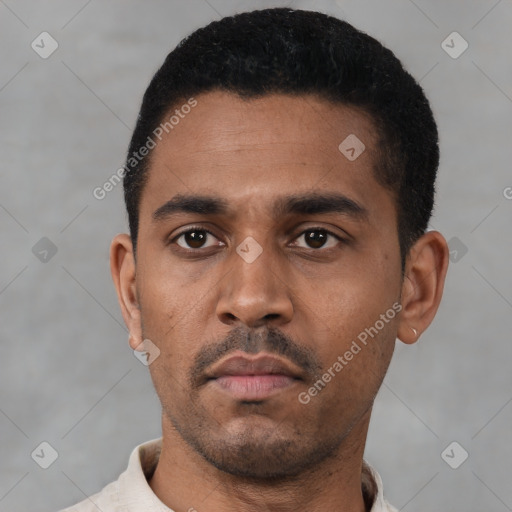 Neutral latino young-adult male with short  black hair and brown eyes