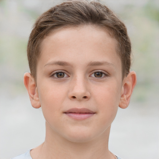 Joyful white child female with short  brown hair and grey eyes