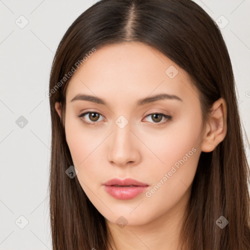 Neutral white young-adult female with long  brown hair and brown eyes