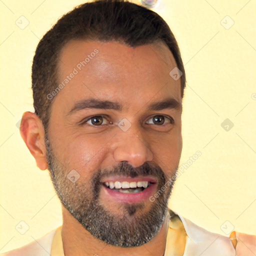 Joyful white young-adult male with short  black hair and brown eyes