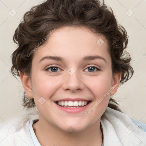 Joyful white young-adult female with medium  brown hair and green eyes