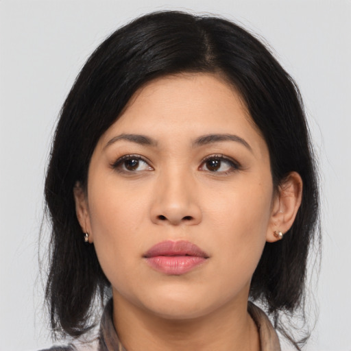 Neutral asian young-adult female with medium  black hair and brown eyes