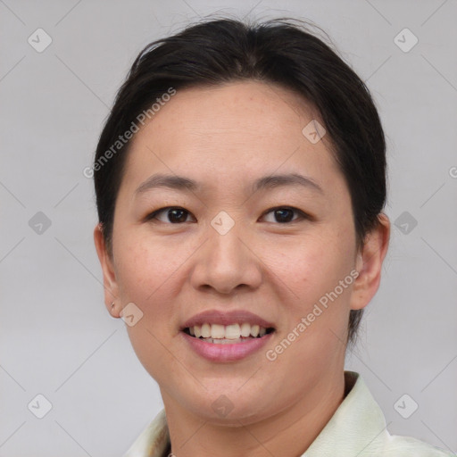 Joyful white adult female with short  brown hair and brown eyes