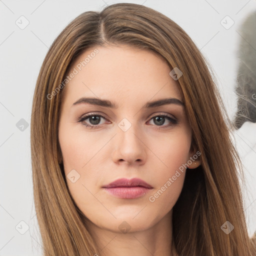 Neutral white young-adult female with long  brown hair and brown eyes