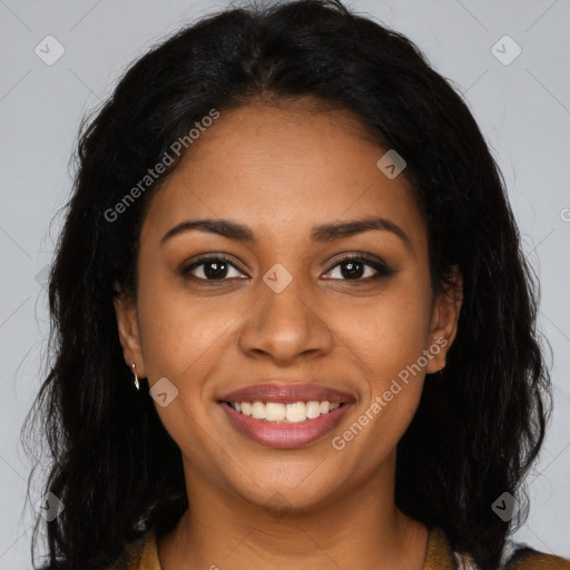 Joyful latino young-adult female with medium  black hair and brown eyes