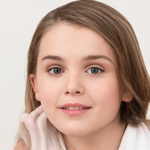 Joyful white child female with medium  brown hair and grey eyes