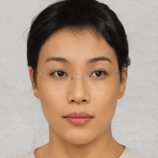 Neutral asian young-adult female with short  brown hair and brown eyes