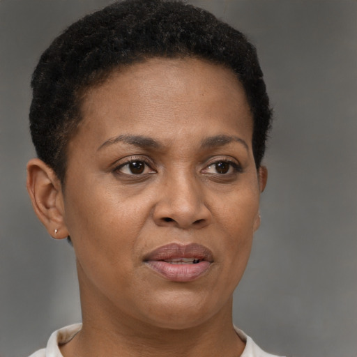 Joyful black adult female with short  brown hair and brown eyes