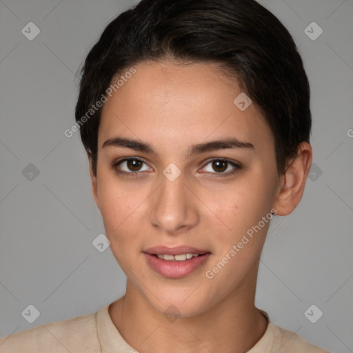 Joyful white young-adult female with short  brown hair and brown eyes