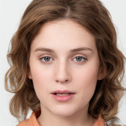 Neutral white young-adult female with medium  brown hair and blue eyes