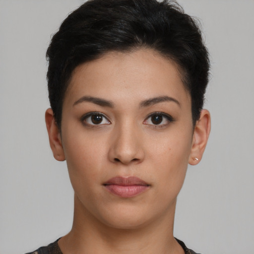 Neutral white young-adult female with short  brown hair and brown eyes