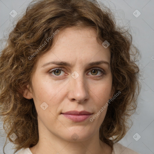 Joyful white young-adult female with medium  brown hair and green eyes