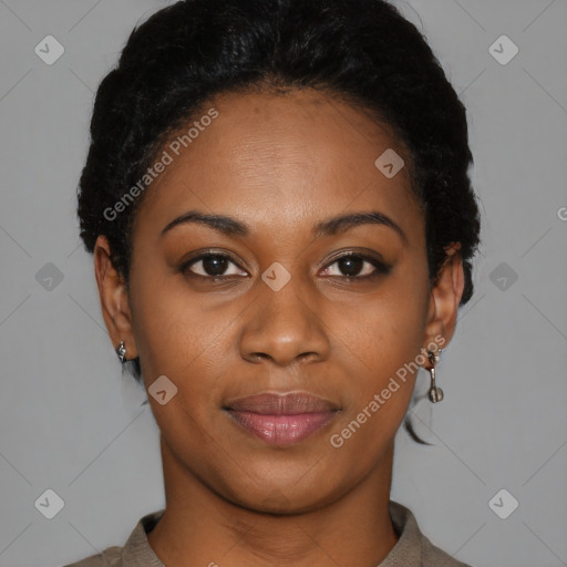 Joyful latino young-adult female with short  black hair and brown eyes