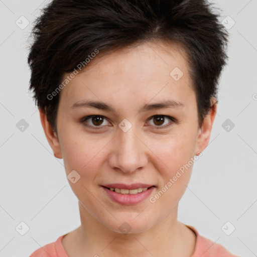 Joyful white young-adult female with short  brown hair and brown eyes