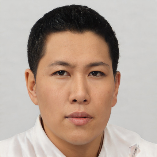 Neutral asian young-adult male with short  black hair and brown eyes