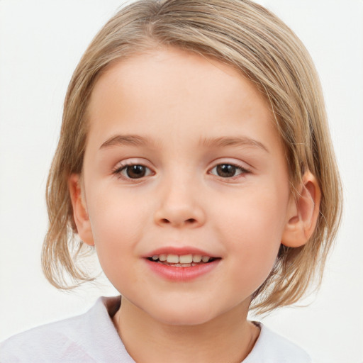 Joyful white child female with medium  brown hair and blue eyes