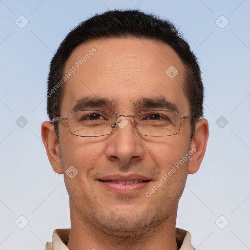 Joyful white adult male with short  brown hair and brown eyes