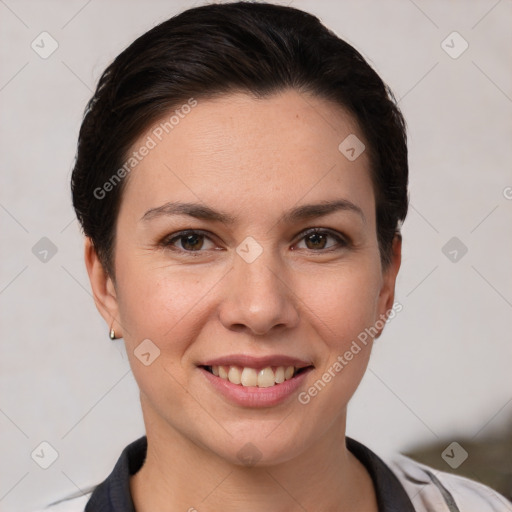 Joyful white young-adult female with short  brown hair and brown eyes