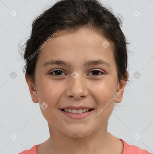 Joyful white child female with short  brown hair and brown eyes