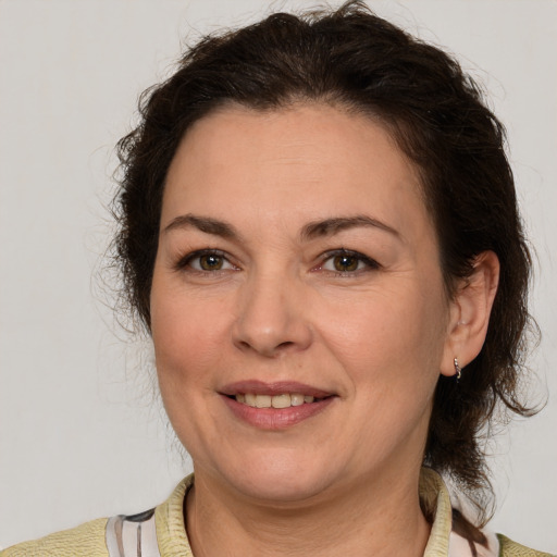 Joyful white adult female with medium  brown hair and brown eyes