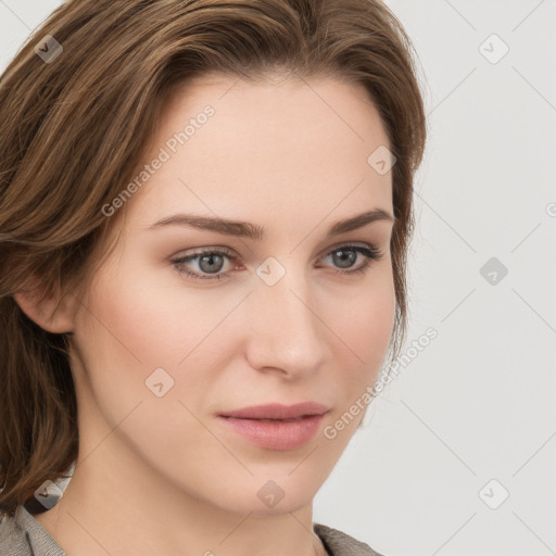 Neutral white young-adult female with medium  brown hair and grey eyes