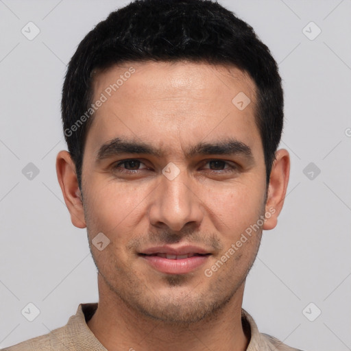 Joyful white young-adult male with short  black hair and brown eyes