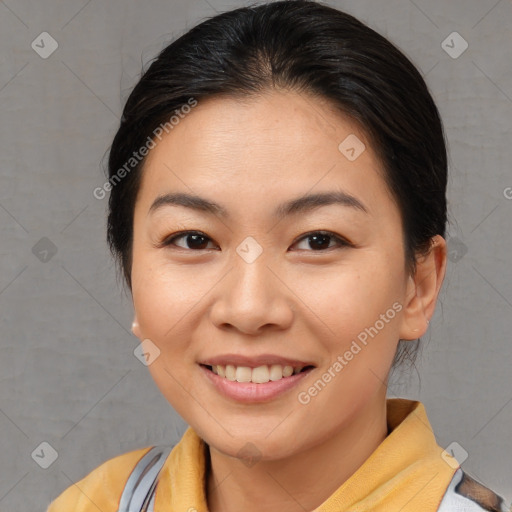 Joyful white young-adult female with medium  brown hair and brown eyes