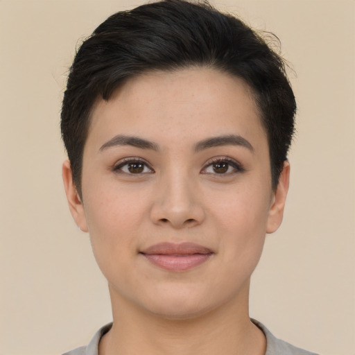 Joyful asian young-adult female with short  brown hair and brown eyes
