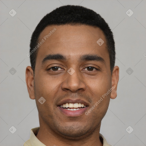 Joyful black young-adult male with short  black hair and brown eyes