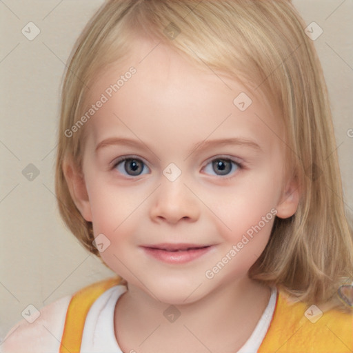 Joyful white child female with medium  brown hair and grey eyes