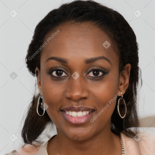 Joyful black young-adult female with medium  black hair and brown eyes