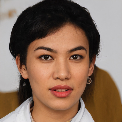 Neutral asian young-adult female with short  brown hair and brown eyes