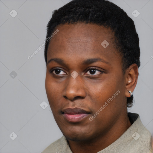 Neutral black young-adult female with short  black hair and brown eyes