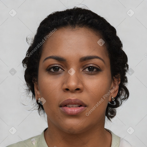 Neutral black young-adult female with short  brown hair and brown eyes