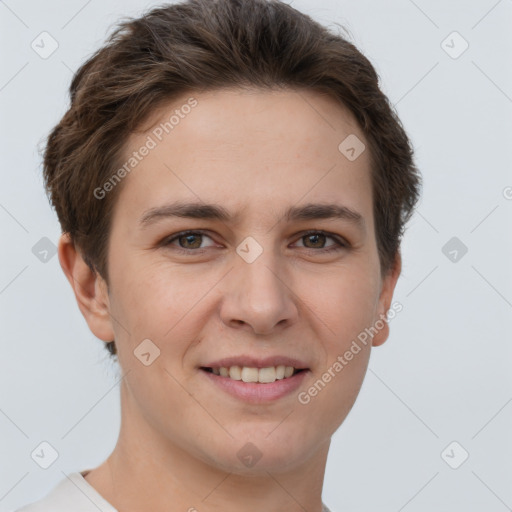 Joyful white young-adult female with short  brown hair and grey eyes