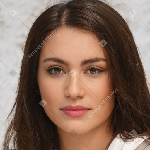 Neutral white young-adult female with long  brown hair and brown eyes