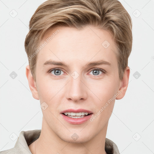 Joyful white young-adult female with short  brown hair and grey eyes