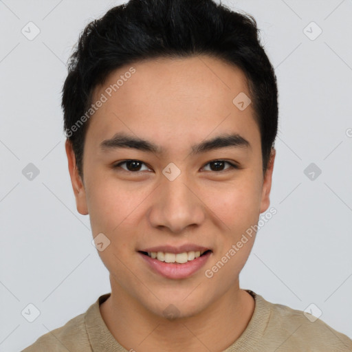 Joyful latino young-adult male with short  black hair and brown eyes