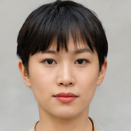 Neutral asian young-adult female with short  brown hair and brown eyes