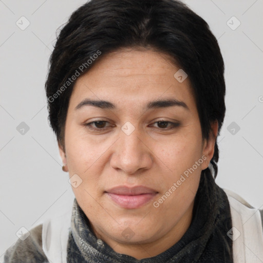 Joyful white adult female with short  brown hair and brown eyes