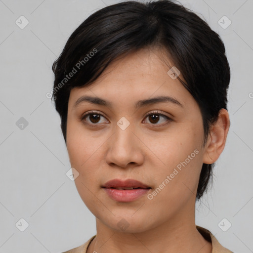 Neutral asian young-adult female with medium  brown hair and brown eyes