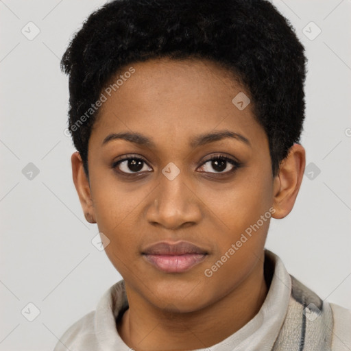 Neutral black young-adult female with short  black hair and brown eyes